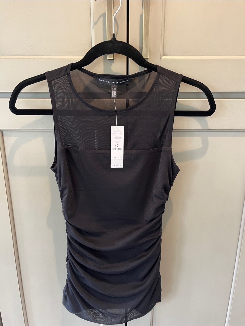 White House Black Market Black Mesh Ruched Tank Top XXS